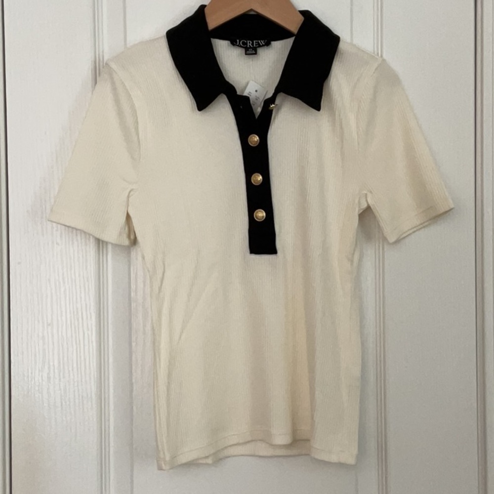 J. Crew Ivory and Black Button-Up Polo
